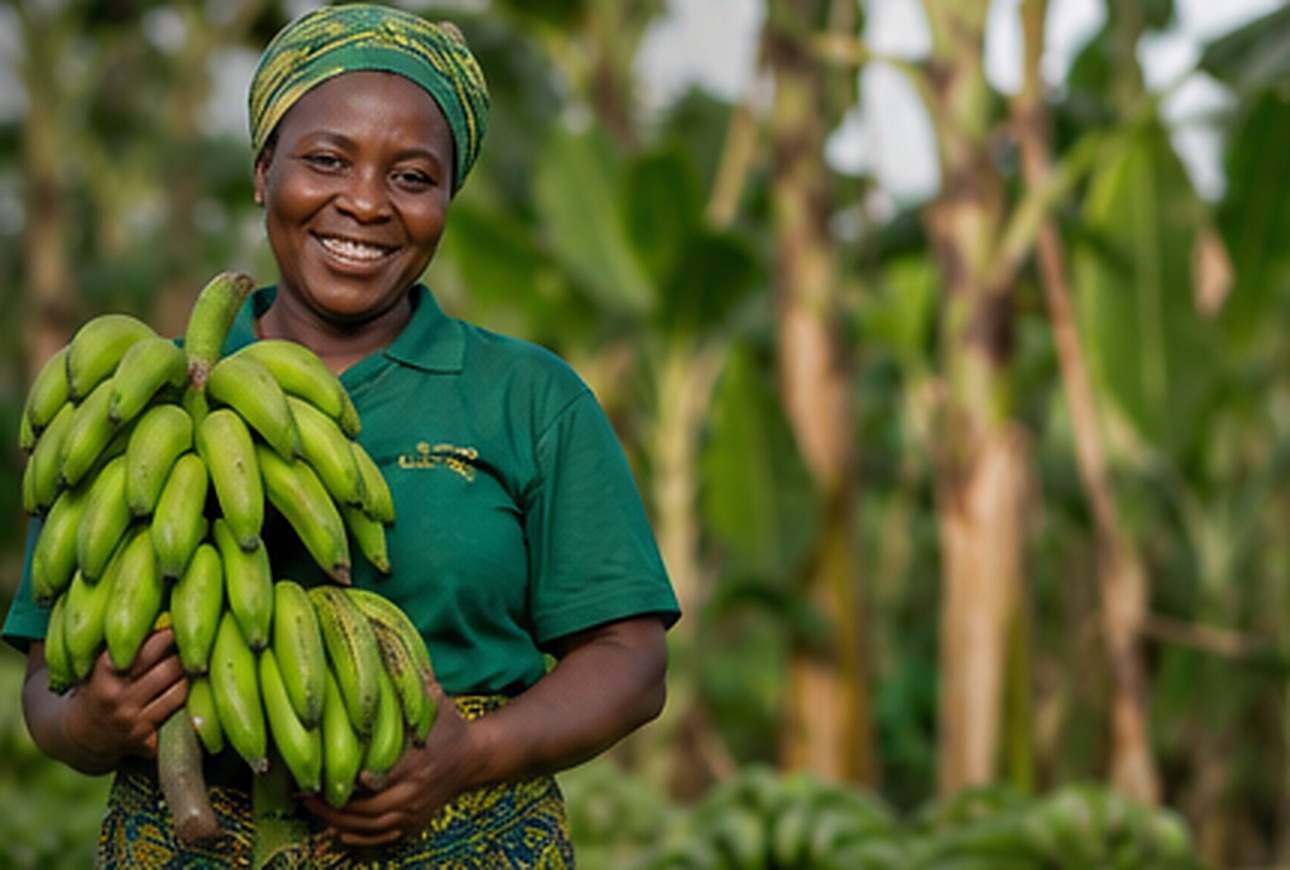 KOBI GROUP farmer holding freshly harvested green plantains